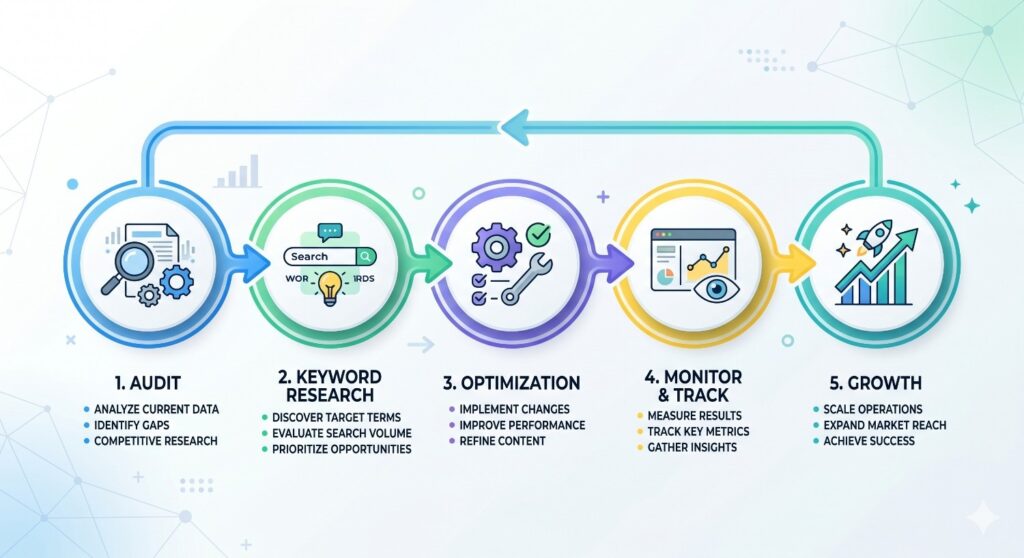 step by step SEO process workflow diagram