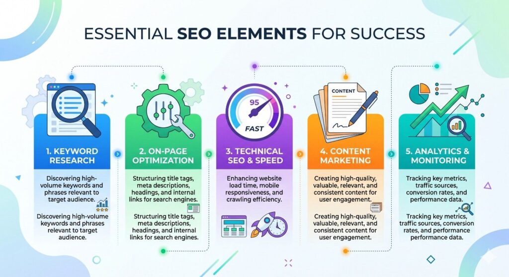 SEO services features including optimization and analytics